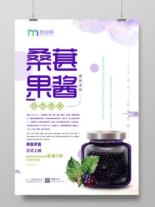 白色紫色清新桑葚果酱水果新鲜天然自然桑葚海报活动水果桑葚
